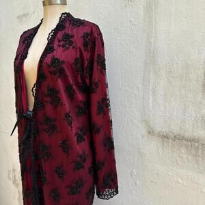 Vintage Red GOTHIC Mesh Black FLORAL BEADED Duster Kimono Jacket.